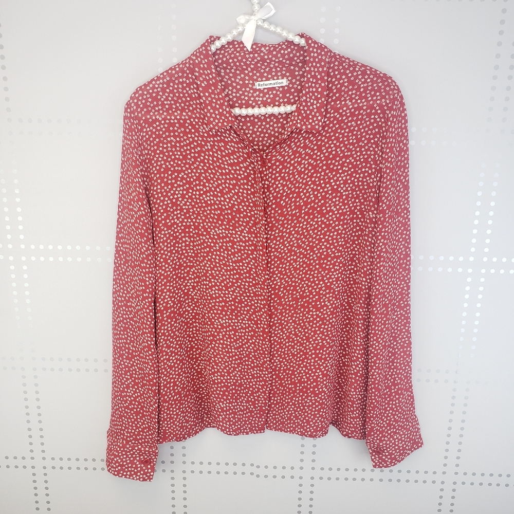 Reformation Red Dot Silk Blouse